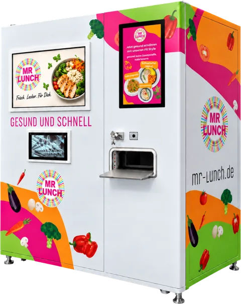 Mr. Lunch Automat im bunten Design: weiß mit Gemüsemotiven in Pink, Orange und Grün