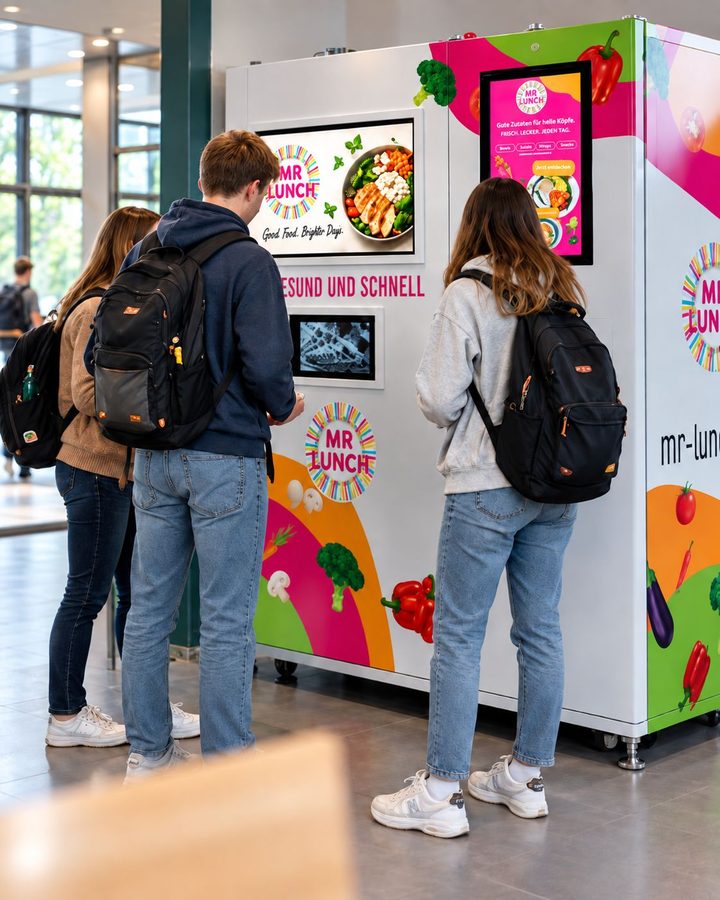 Studierende am Mr. Lunch Automaten in einer Bildungseinrichtung