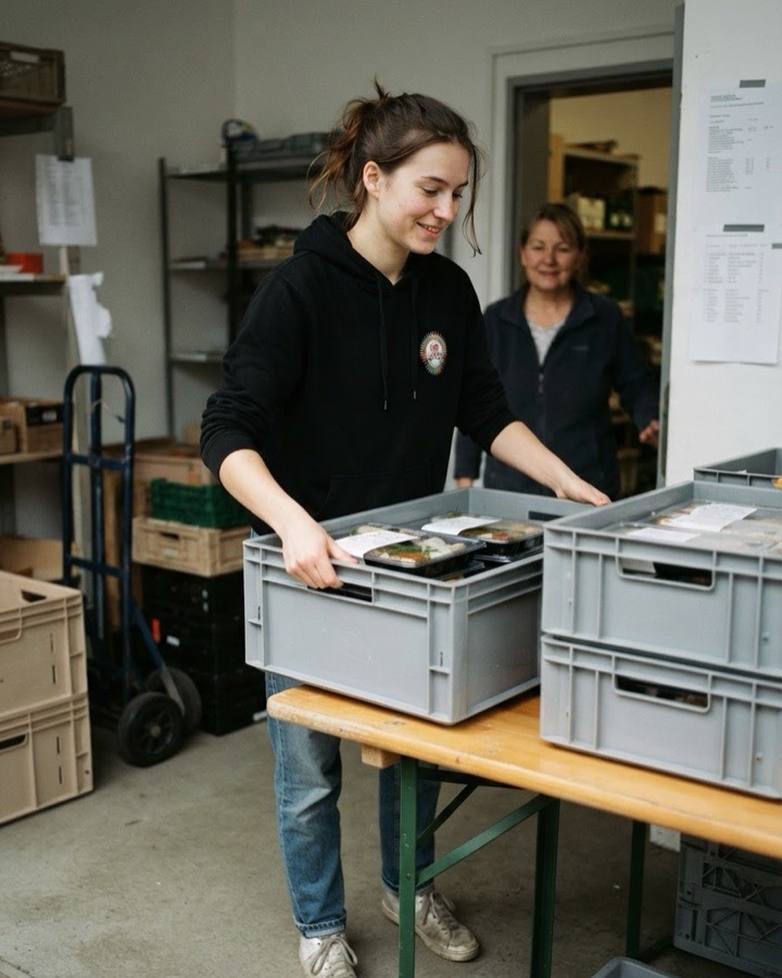 Eine Frau im Mr.-Lunch-Pullover stellt Kisten mit verpackten Gerichten für die Abholung bereit