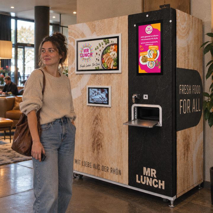 Frau steht neben dem Mr. Lunch Automaten in einer Hotel-Lobby