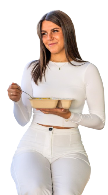 Woman holding meal container