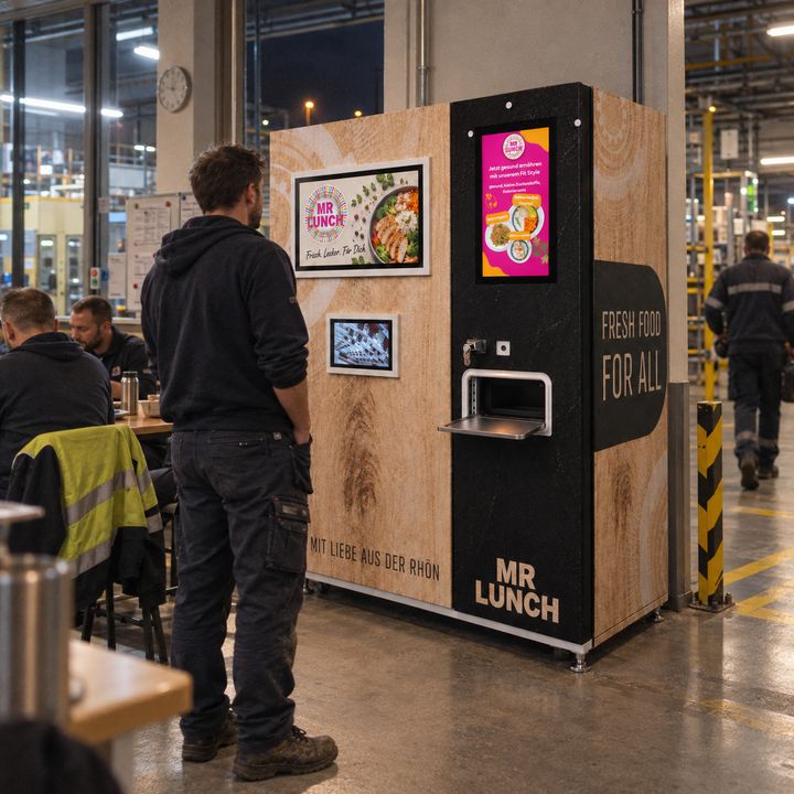 Mitarbeiter in Arbeitskleidung vor dem Mr. Lunch Automaten in Holzoptik in einer Produktionshalle