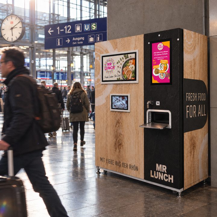 Mr. Lunch Automat in Holzoptik in einer Bahnhofshalle, Reisende gehen vorbei